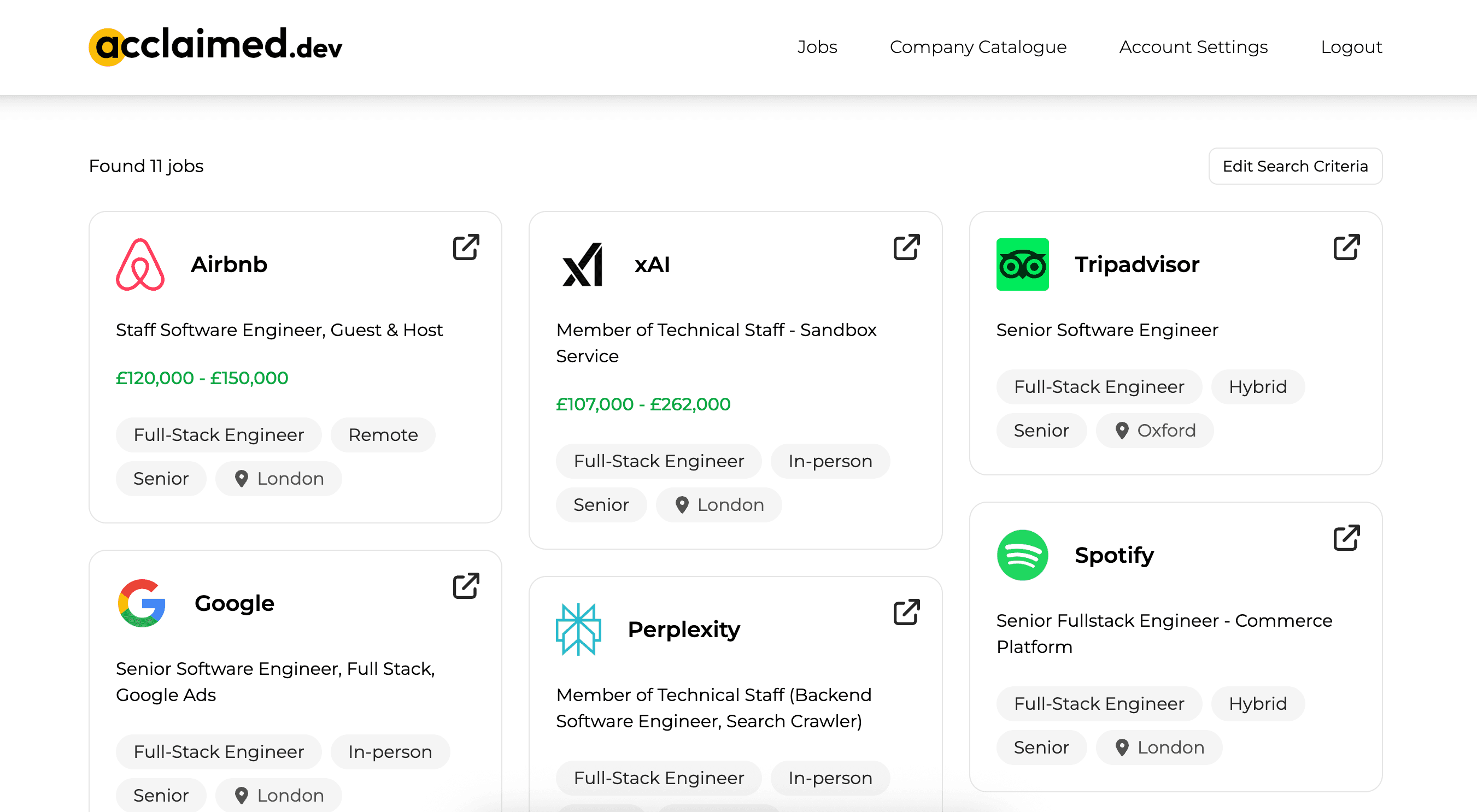 The Acclaimed.dev jobs page showing open roles matching the selected criteria