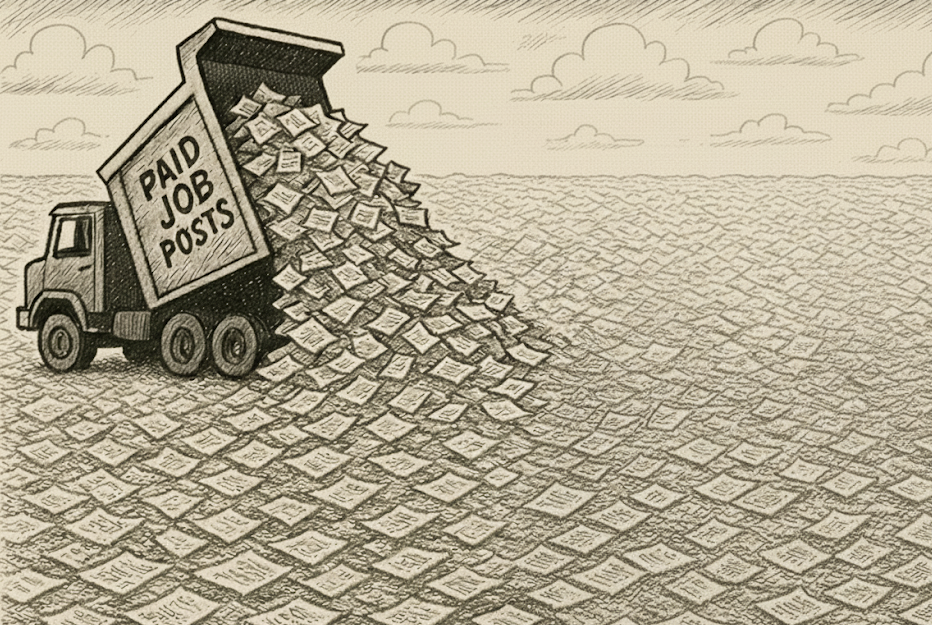 A dump truck representing paid job posts dumping job posts into a large pile of existing job posts